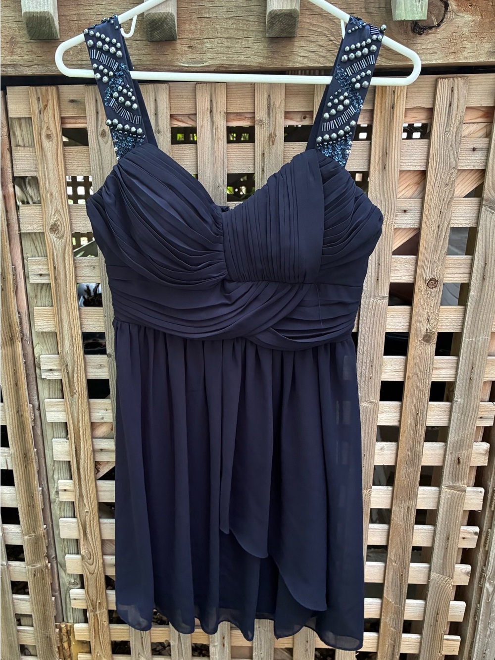 Beaded Strap Pleated Chiffon Mini Dress in Navy